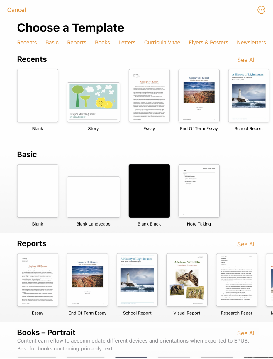 The template chooser, showing a row of categories across the top that you can tap to filter the options. Below are thumbnails of predesigned templates arranged in rows by category, starting with Recents at the top and followed by Basic and Reports. A See All button appears above and to the right of each category row. The Language and Region button is in the top-right corner.