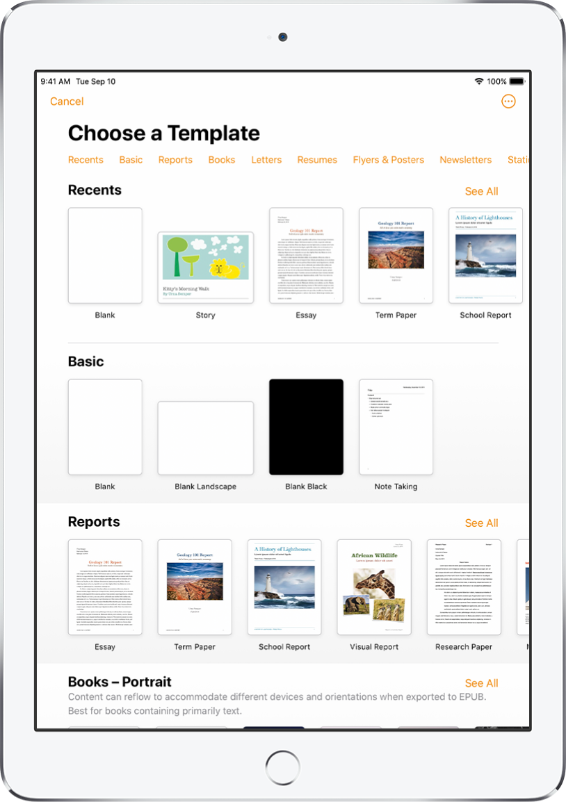 The template chooser, showing a row of categories across the top that you can tap to filter the options. Below are thumbnails of predesigned templates arranged in rows by category, starting with Recents at the top and followed by Basic and Reports. A See All button appears above and to the right of each category row. The Language and Region button is in the top-right corner.