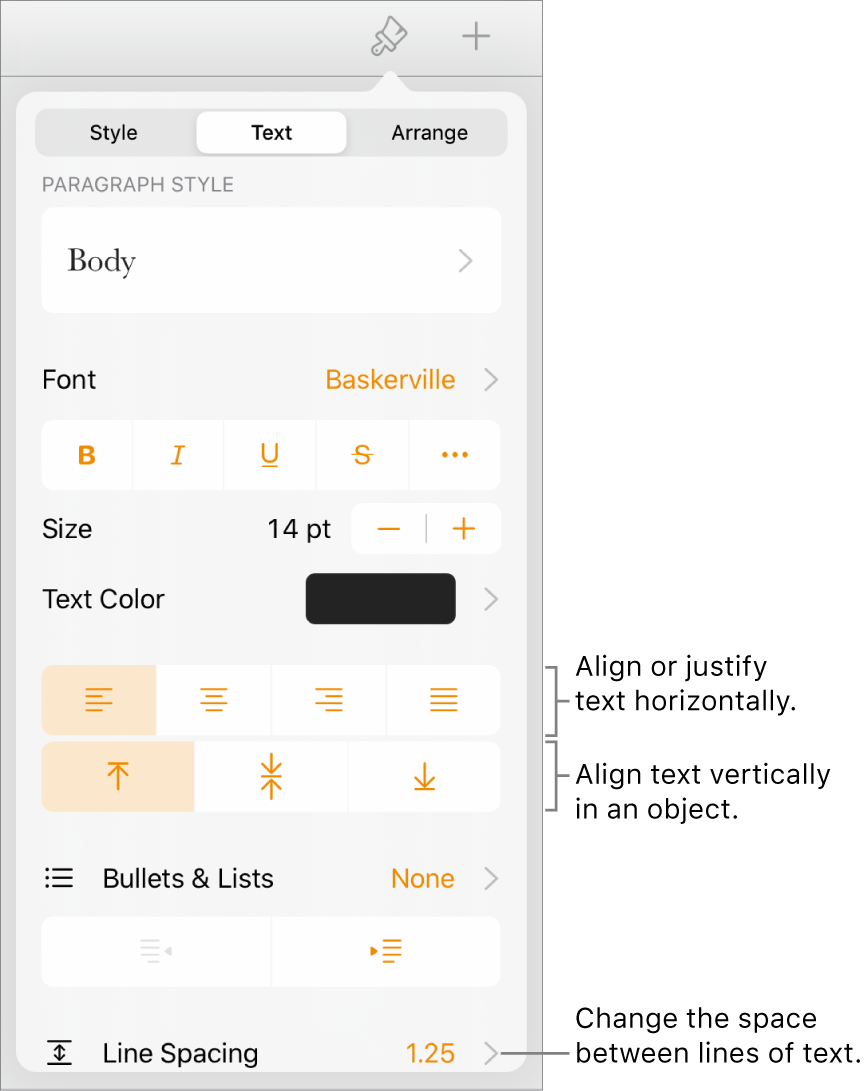 The Format controls button with the Text tab selected and callouts to the text alignment buttons and Line Spacing menu item.