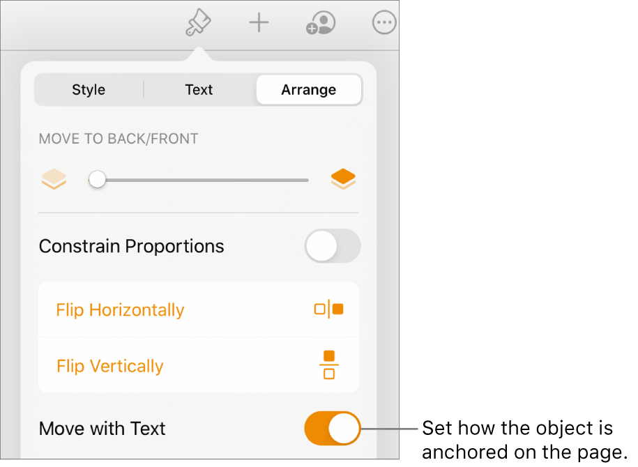 The Format controls with the Arrange tab selected and controls for Move to Back/Front, Move with Text, and Text Wrap.