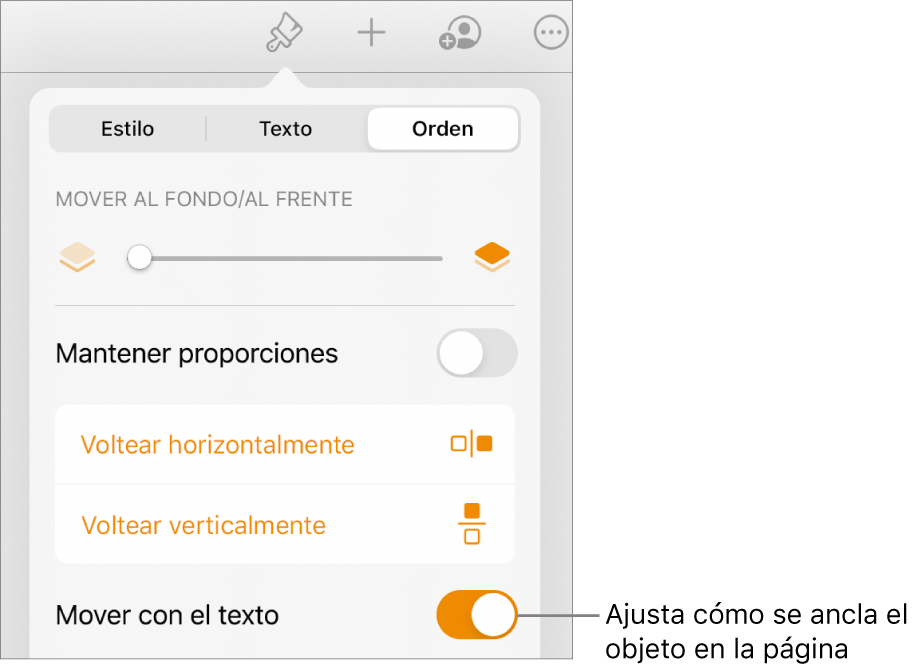 Controles de formato con la pestaña Orden seleccionada y los controles “Mover al fondo/al frente”, “Mover con texto” y “Ajuste de texto”.