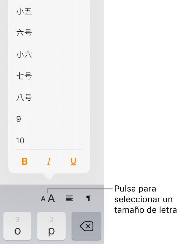El botón “Tamaño de letra” en la parte derecha del teclado del iPad con el menú “Tamaño de la letra”. En la parte superior del menú aparecen los tamaños de tipo de letra estándar gubernamentales de China continental, con los tamaños en puntos debajo.