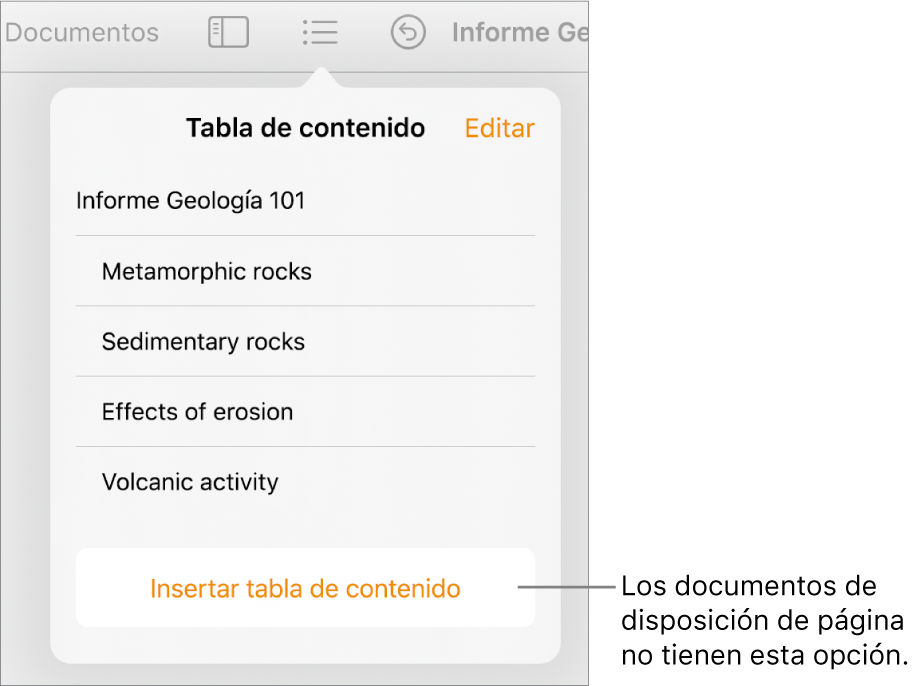 La visualización de la tabla de contenido con Editar en la esquina superior derecha, entradas de tabla de contenido y el botón “Insertar tabla de contenido” en la parte inferior.