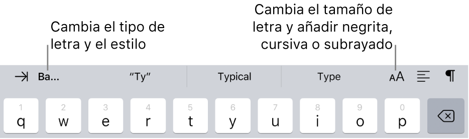 Los botones de formato de texto encima del teclado, de izquierda a derecha: sangría, tipo de letra, tres campos de texto predictivo, tamaño de letra, alineación e inserción.