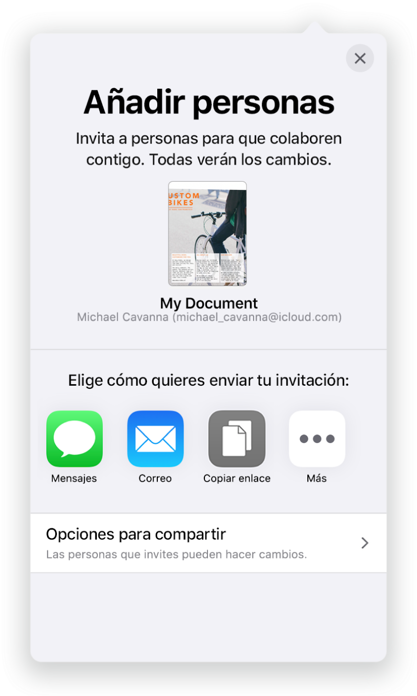 La pantalla “Añadir personas” mostrando una imagen del documento que se va a compartir. Debajo aparecen botones de las maneras de enviar la invitación, incluido Mail, un botón “Copiar enlace” y otros. En la parte inferior está el botón “Opciones para compartir”.