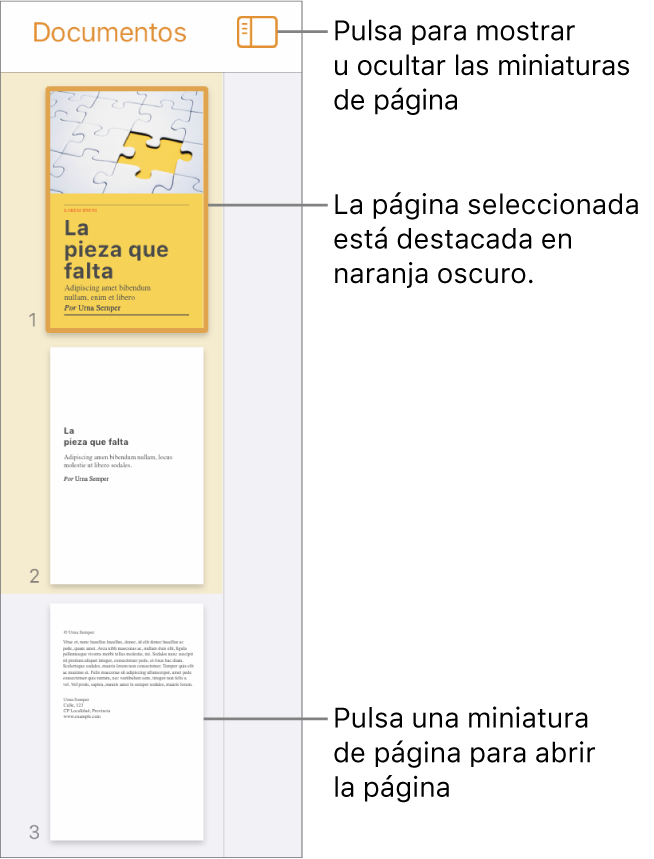 Visualización de miniaturas de página en el lado izquierdo de la pantalla con una sección de dos páginas, una línea de separación y, a continuación, una página de la siguiente sección. El botón Visualización está situado sobre las miniaturas.