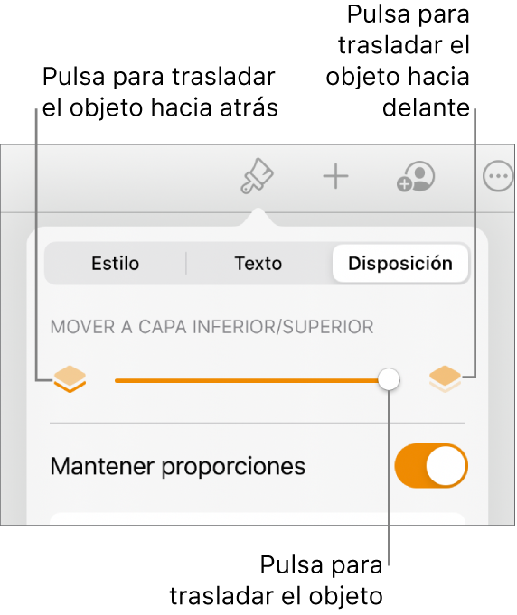 Botón “Mover hacia atrás”, botón “Mover hacia delante” y regulador de capa.