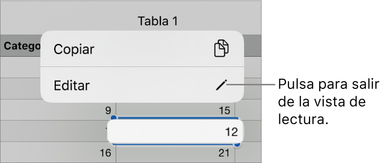 Hay seleccionada una celda de tabla y por encima de ella aparece un menú contextual con botones Copiar y Editar.