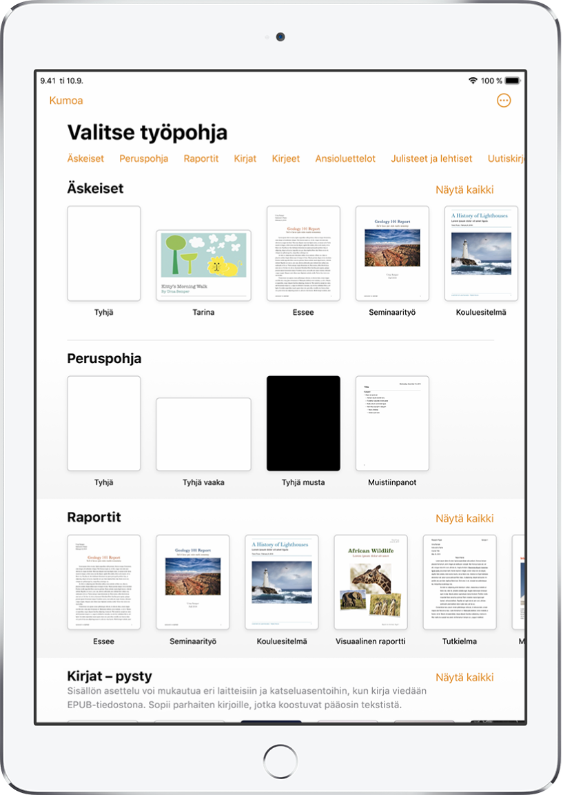 Työpohjan valitsin, jonka yläreunassa näkyy kategorioiden rivi, jota napauttamalla voidaan suodattaa vaihtoehtoja. Alla on esimääritettyjä työpohjia, jotka on järjestetty riveihin kategorian mukaan siten, että yläreunassa ovat äskeiset työpohjat ja niiden alla peruspohjat ja raportit. Näytä kaikki -painike tulee näkyviin kunkin kategorian yläpuolelle oikealla. Kieli ja alue -painike on oikeassa yläkulmassa.