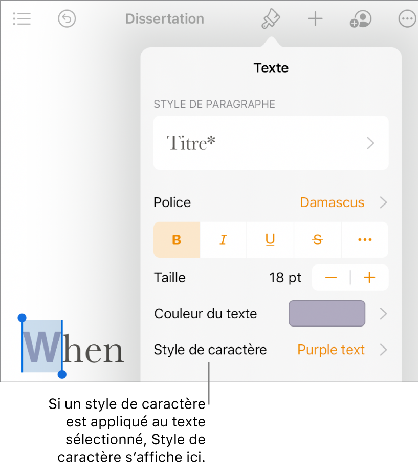Commandes de mise en forme du texte avec Style de caractère sous les commandes de couleur de texte.