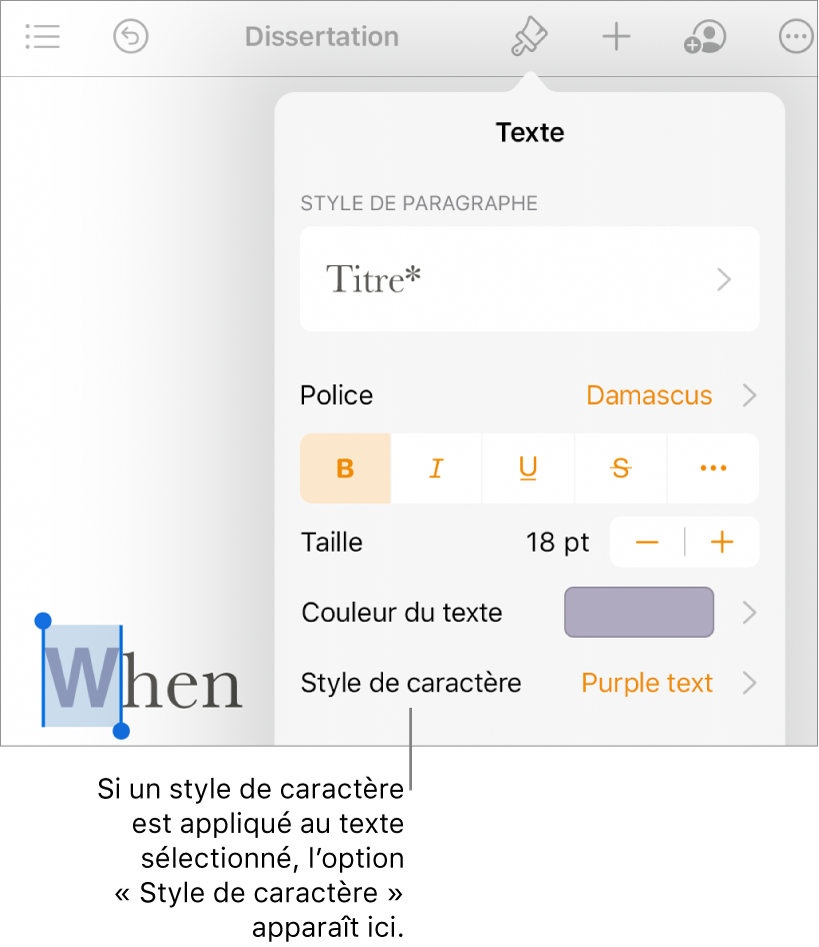Commandes de mise en forme de texte avec Style de caractère au-dessous des commandes « Couleur de texte ».
