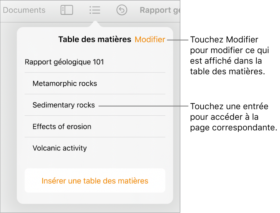 La présentation de la table des matières avec des entrées dans une liste. Le bouton Modifier se trouve dans le coin supérieur droit de la fenêtre surgissante.