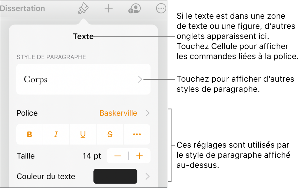 Menu Format montrant les commandes de texte permettant de définir les styles, la police, la taille et la couleur des paragraphes et des caractères.