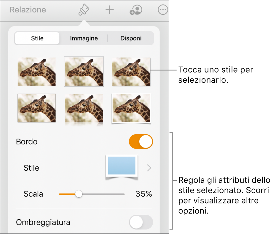 Pannello Stile del menu Formato con gli stili dell’oggetto in alto e un controllo sottostante per cambiare bordo, ombra, riflesso e opacità.