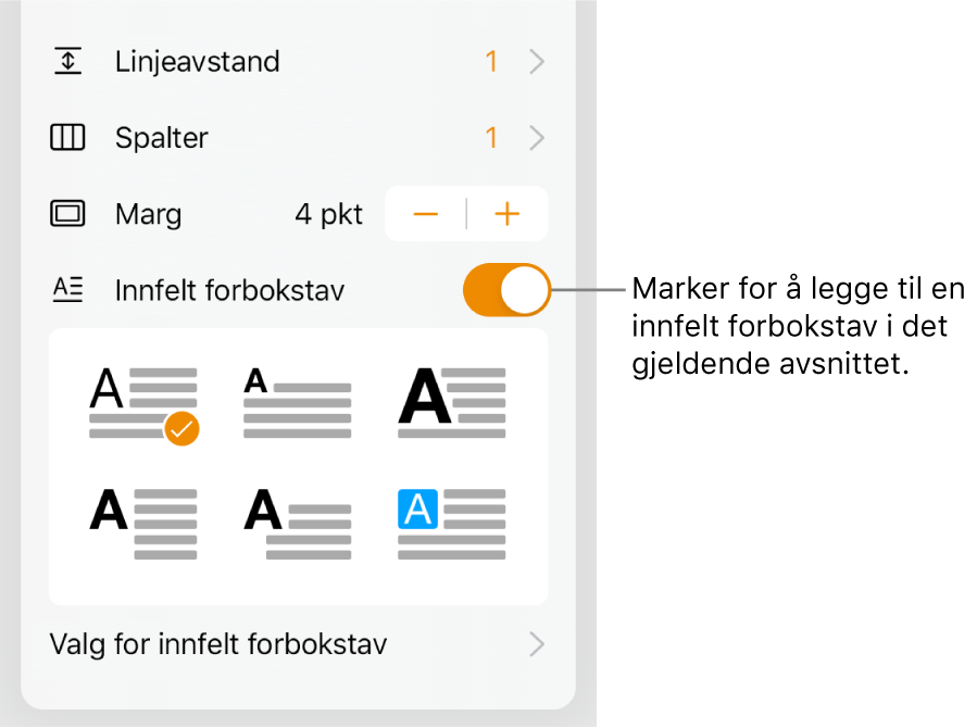 Innfelt forbokstav-kontrollene nederst i Tekst-menyen.