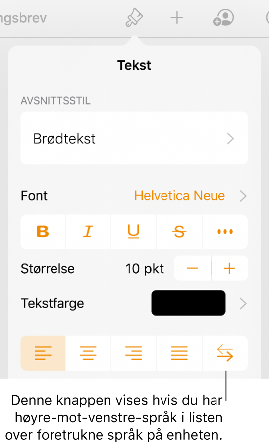 Tekstkontroller i Format-menyen med en bildeforklaring som peker på Høyre til venstre-knappen.