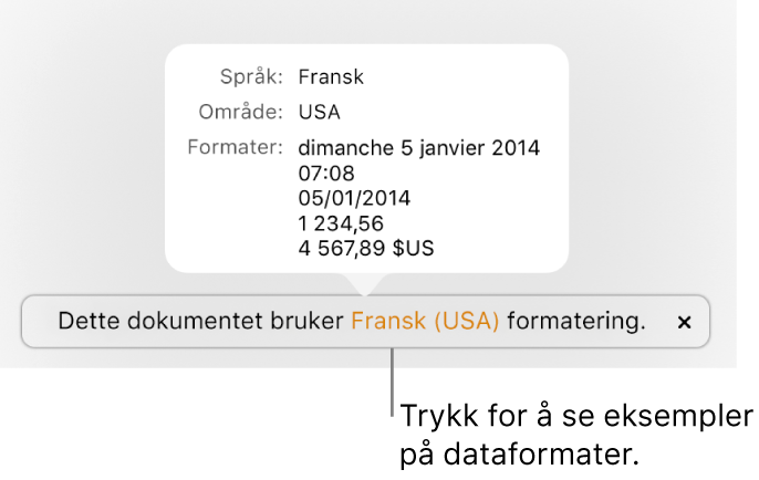 Varsling som viser en annen språk- og regionsinnstilling, med eksempler på formatering for det språket og den regionen.