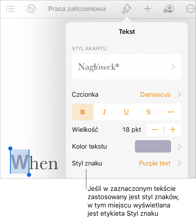 Narzędzia formatowania tekstu oraz menu stylów znaków widoczne poniżej narzędzi koloru tekstu.