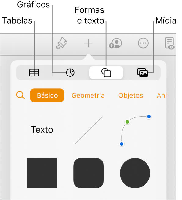 Popover Inserir aberto com botões na parte superior para adicionar tabelas, gráficos, texto, formas e mídia.