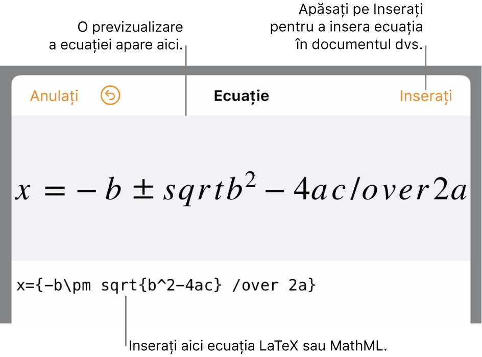 Caseta de editare a ecuației, afișând formula cuadratică scrisă cu ajutorul comenzilor LaTeX și, deasupra, o previzualizare a formulei.