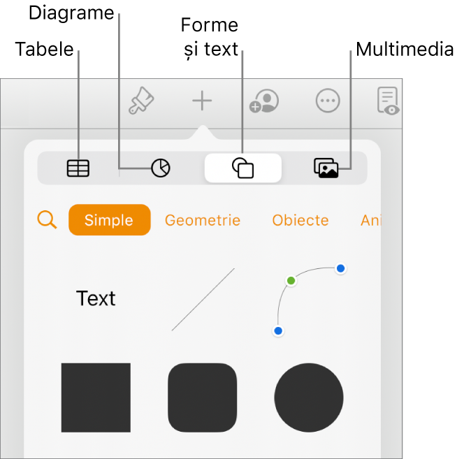 Pop-overul Inserați deschis cu butoane pentru adăugarea de tabele, diagrame, text, forme și obiecte multimedia în partea de sus.