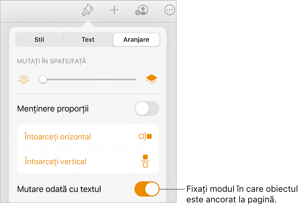 Comenzile Format cu fila Aranjare selectată și comenzile pentru Mutați în spate/față, Mutare odată cu textul și Încadrare text.
