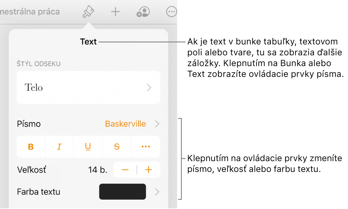 Ovládacie prvky textu v menu Formát pre nastavenie štýlov, písma, veľkosti a farby odsekov a znakov.