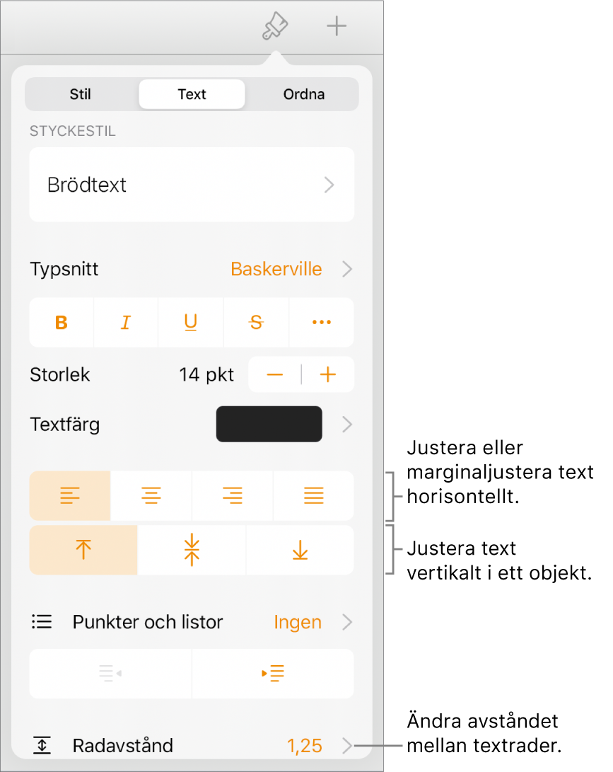 Knappen för formatreglage med fliken Text vald och linjer som pekar på knapparna för textjustering och menyobjektet Radavstånd.