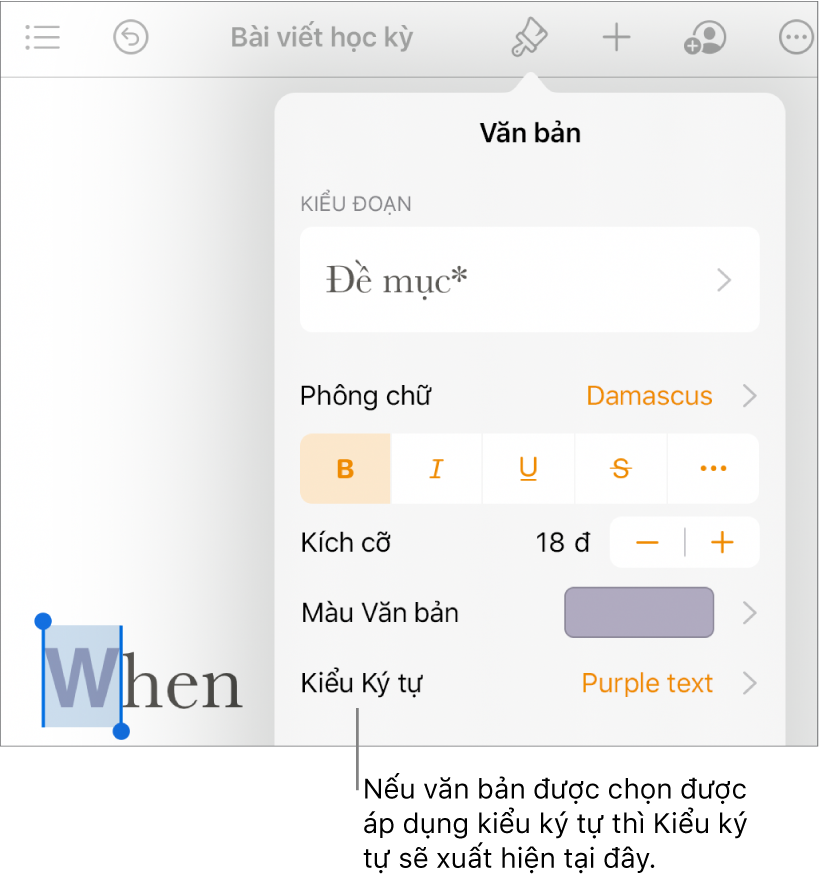 Các điều khiển định dạng Văn bản với Kiểu ký tự bên dưới các điều khiển Màu văn bản.