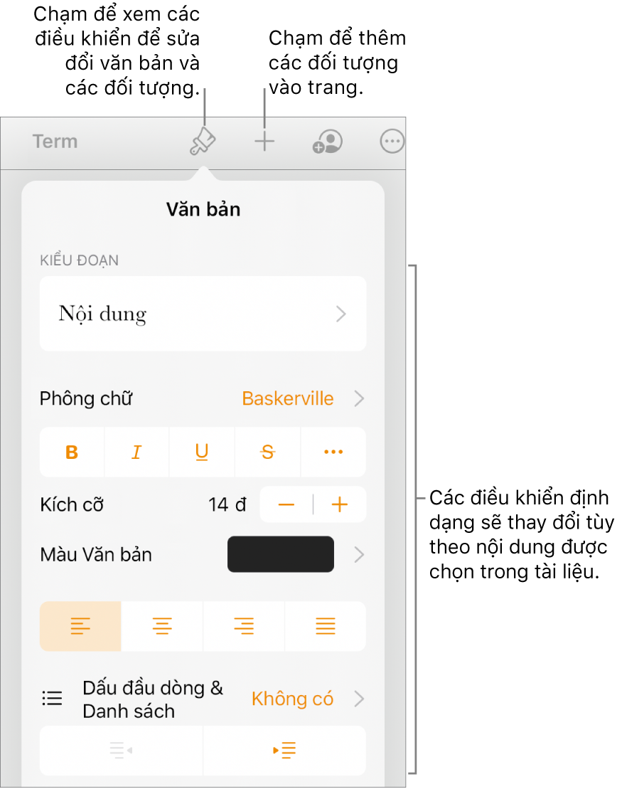 Điều khiển Định dạng mở ra và đang hiển thị các điều khiển để thay đổi kiểu đoạn, sửa đổi phông chữ và định dạng giãn cách phông chữ. Lời nhắc ở trên cùng cho biết nút Định dạng trên thanh công cụ và ở bên phải là nút Chèn để thêm các đối tượng vào trang.