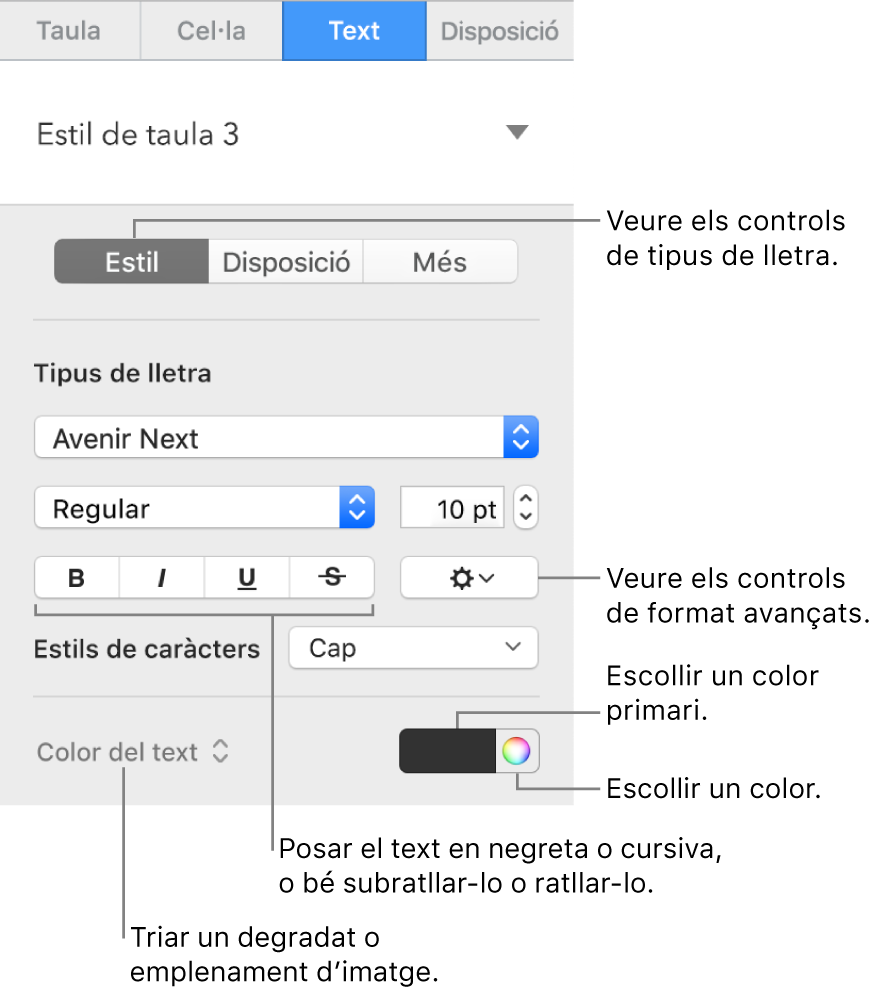 Els controls per aplicar un estil al text d’una taula.