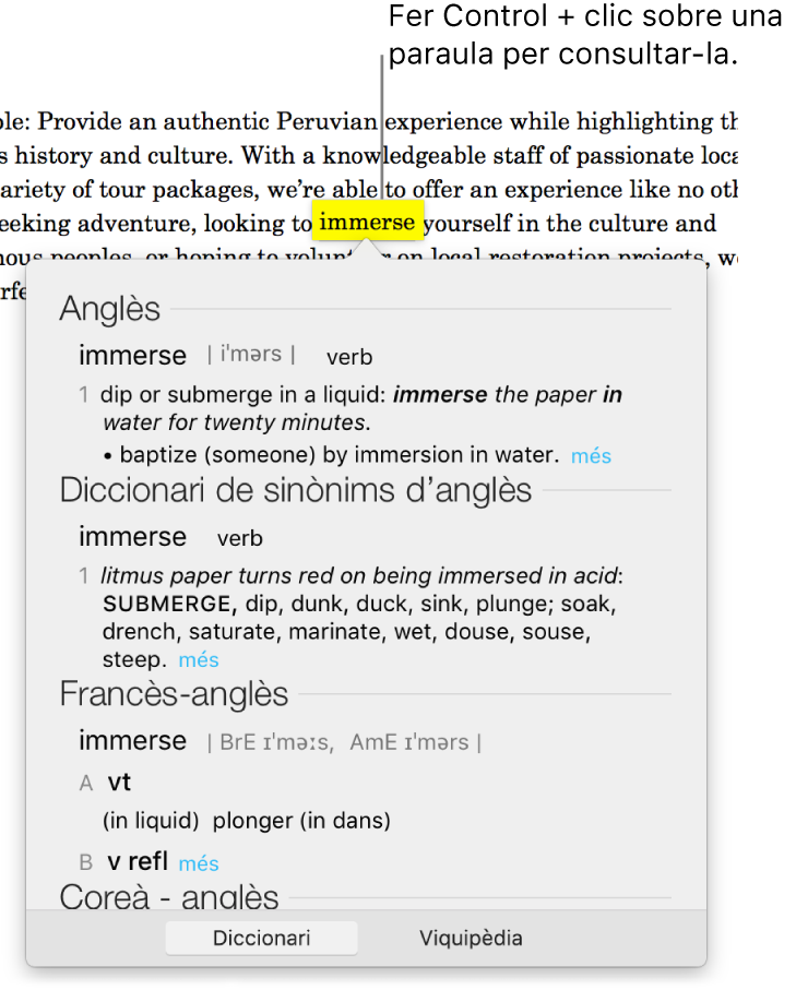 Un paràgraf amb una paraula ressaltada, una finestra que en mostra la definició i una entrada de diccionari de sinònims. Els dos botons a la part inferior de la finestra funcionen com a enllaç al diccionari i a la Viquipèdia.