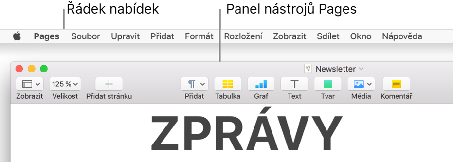 Řádek nabídek s nabídkami Apple a Pages v levém horním rohu; pod ním nástrojový panel Pages s tlačítky Zobrazit a Zvětšit vlevo nahoře