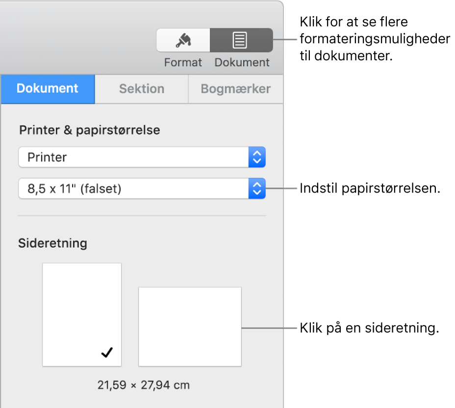 Indholdsoversigten Dokument, hvor fanen Dokument øverst i indholdsoversigten er valgt. I indholdsoversigten ses en lokalmenu til indstilling af papirstørrelse og knapper til stående og liggende sideretning.