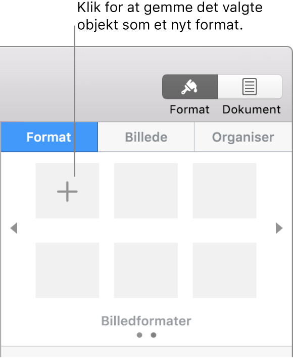 Fanen Format i indholdsoversigten Format med knappen Opret format i øverste venstre hjørne og fem tomme formateksempler.