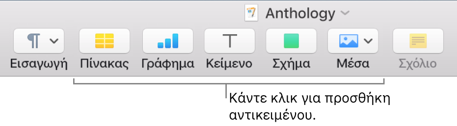 Η γραμμή εργαλείων με κουμπιά για την προσθήκη πινάκων, γραφημάτων, κειμένου, σχημάτων και μέσων.