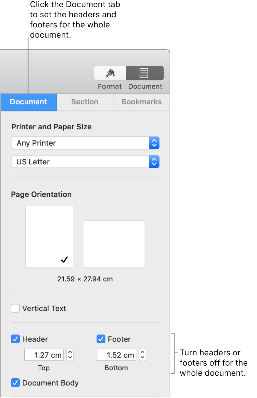 The Document sidebar with the Document tab at the top of the sidebar selected. Separate tick boxes for Header and Footer are selected, and below each are arrows to change the distance from of headers and footers from the top and bottom of the page.