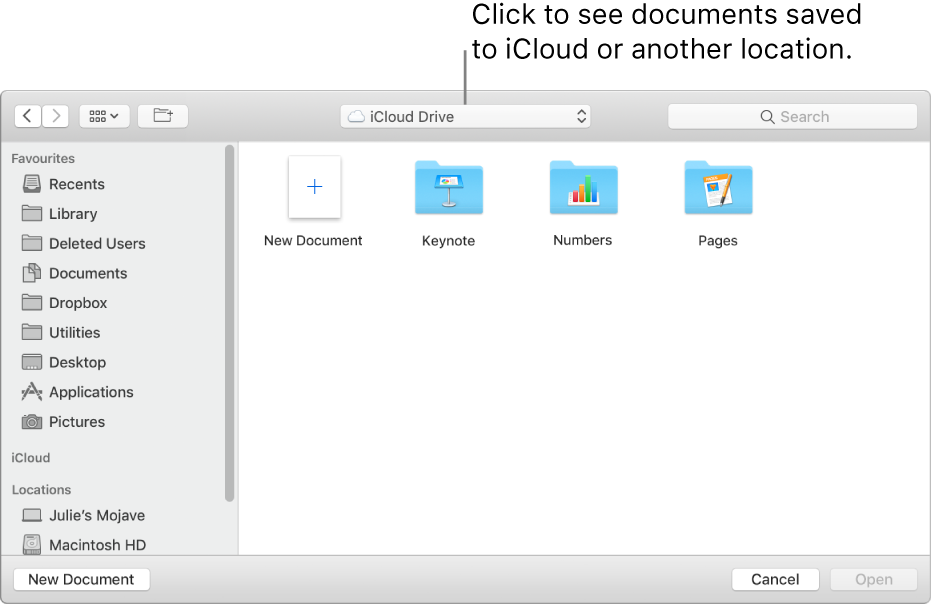 The Open dialog with the sidebar open on the left and iCloud Drive selected in the pop-up menu at the top. Folders for Keynote, Numbers and Pages appear in the dialog, along with a New Document button.