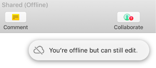 A red exclamation point appears on the toolbar button and an alert on the screen says “You’re offline but can still edit.”