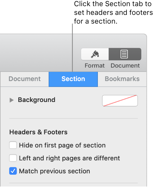 The Document sidebar with the Section tab at the top of the sidebar selected. The Headers & Footers section of the sidebar has tick boxes next to “Hide on first page of section,” “Left and right pages are different” and “Match previous section.”