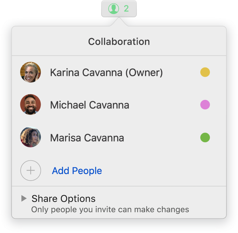 The Collaboration menu showing the names of people collaborating on the document. Share options are below the names.