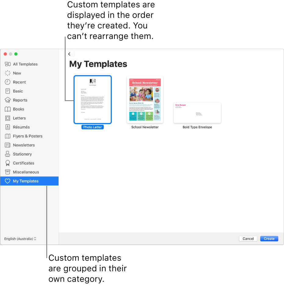 The template chooser with My Templates as the last category on the left. Custom templates are displayed in the order they are created and can’t be rearranged.