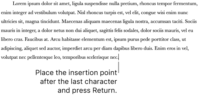 The insertion point placed after the period in the last sentence of a paragraph.