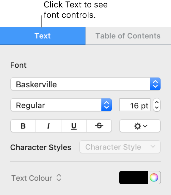 The Format sidebar with the Text tab selected and font controls for changing the font and font size and adding character styles.