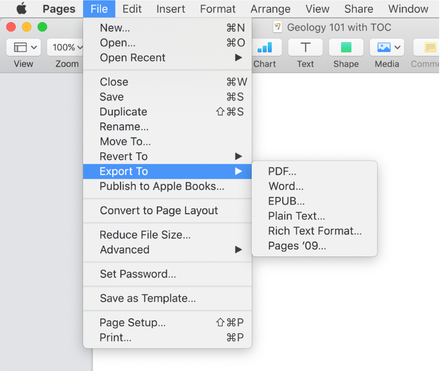 The File menu open with Export To selected, with its submenu showing export options for PDF, Word, Plain Text, Rich Text Format, EPUB and Pages ’09.
