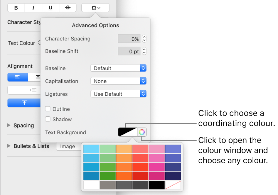 Controls for choosing a background colour for text.