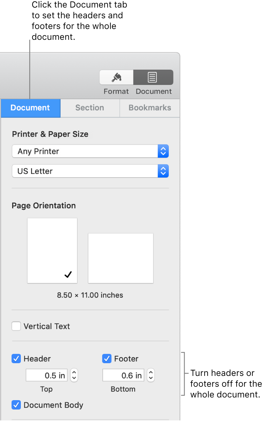 The Document sidebar with the Document tab at the top of the sidebar selected. Separate tickboxes for Header and Footer are selected, and below each are arrows to change the distance from of headers and footers from the top and bottom of the page.