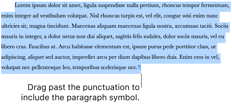 A paragraph selected, with the paragraph symbol included in the selection.