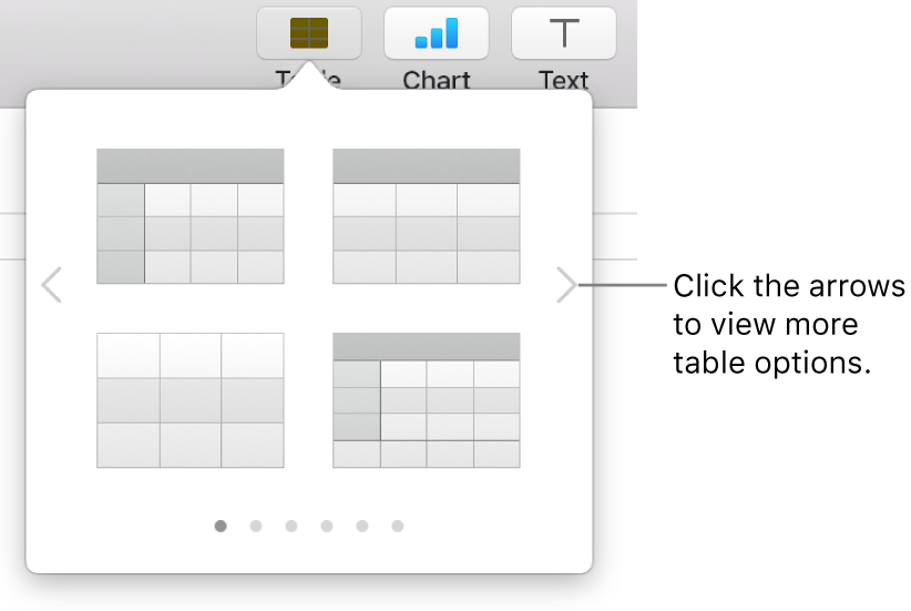 The Add Table menu with navigation arrows.