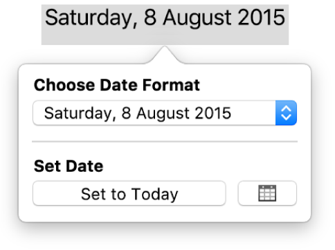 The Date & Time pop-over showing a pop-up menu for date format and a Set to Today button.